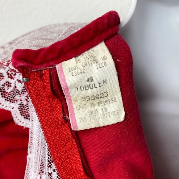Vintage Girls Red Velvet Dress Lace Collar Puff Sleeve Holiday Christmas Size 4T - Picture 9 of 9